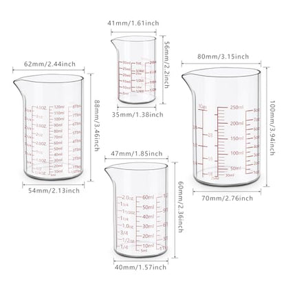 Measuring Cup Set 30ml L(1oz), 60ml (2oz), 120ml (4oz), 250ml (8oz), 4 Piece Glass Liquid Measuring Beakers, High Borosilicate Glass Measuring Cup, V-Shaped Spout