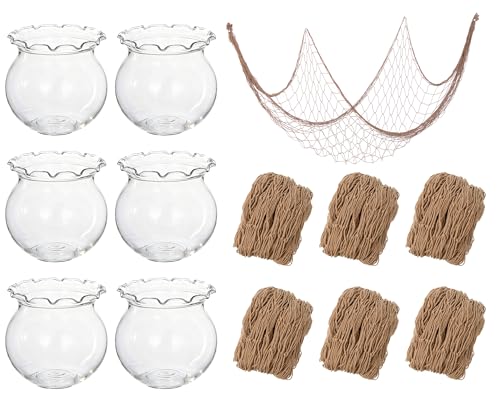 SATINIOR Mini Plastic Fish Bowl with Fish Net Decor, 6 Small 0.18 Gallon Lace Bubble Bowl Pair with 6 Fishnet, for Ocean-Themed Aquarium Hawaiian Parties Banquets Mediterranean Style