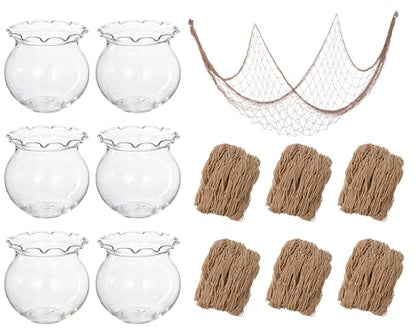 SATINIOR Mini Plastic Fish Bowl with Fish Net Decor, 6 Small 0.18 Gallon Lace Bubble Bowl Pair with 6 Fishnet, for Ocean-Themed Aquarium Hawaiian Parties Banquets Mediterranean Style