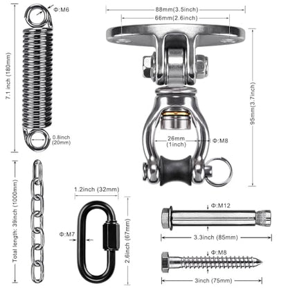 SELEWARE Hammock Chair Hanging Kit, Bearing Swing Hooks w/Spring & Chain | Stainless Steel 360° Swivel Swing Hanger, Ceiling Mount for Hanging Indoor Outdoor Swing Hammock Chair Yoga Silk Punching Bag - color: Bearing Swing Hanger With Chain & Straight Sp