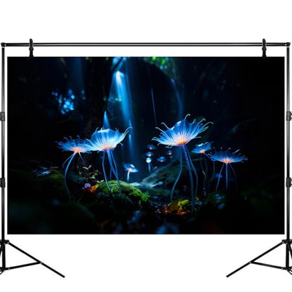 Dreamy Forest Scene Aquarium Background Mysterious Translucent Blue Petals Fish Tank Background Enchanted Moss-Covered Cave Ground Terrarium Backgrounds Light Beams Glowing Flowers Backgrounds 48x24in