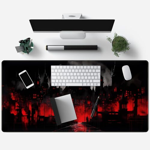 Black Castle Large Mouse Pad Red and Black Mousepad Gaming Playmat Game Mat, Big Full Keyboard and Mouse Pads Cool Desk Pad for Keyboard with Stitched Edges Anti-Slip Desk mat 31.5" X 15.7 " - color: Black and Red Castle