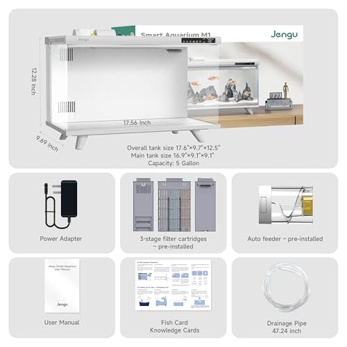 M1 5 Gallon Aquarium Starter Kit, App Control Smart Fish Tank with Filter, Auto Feeder, Quiet Pump, Timer Light, Temp Display, Crystal-Clear Glass Desktop Betta Tank for Guppy Shrimp, White
