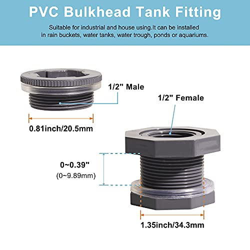 1/2 Inch PVC Bulkhead Water Tank Connector Adapter Fitting with Plugs Thru-Bulk Pipe Fitting for Rain Barrels, Aquariums, Ponds(Set of 3) - size: 1/2"-3pcs
