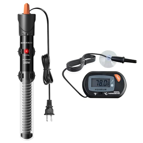 Aquarium Heater 25W/50W/100W/200W/300W, Adjustable Knob Fish Tank Heater with Digital Thermometer, Submersible Betta/Turtle Tank Heater for Freshwater and Saltwater Tanks - size: 100W for 10-30 gallon