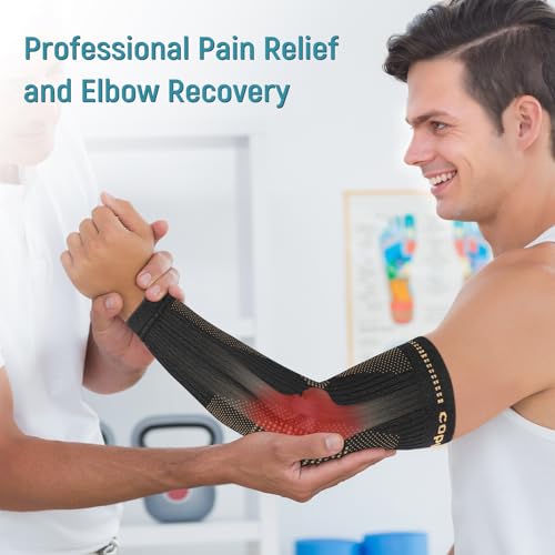 Copper Elbow Compression Sleeve, Extends to Forearm, Snug Fit, Medium | Copper Infused, Extended Coverage, Tennis Elbow Brace, Weightlifting, Tendonitis, Golfers Elbow Pain Relief - size: Medium