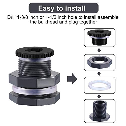 Outus 2 Pieces PVC Bulkhead Fitting with Plugs for Rain Barrels, Aquariums, Water Tanks, Tubs, Pools (3/4 Inch+4 mm Thick Silicon Seal Gaskett,Dark Grey)