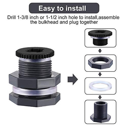 Outus 2 Pieces PVC Bulkhead Fitting with Plugs for Rain Barrels, Aquariums, Water Tanks, Tubs, Pools (3/4 Inch+4 mm Thick Silicon Seal Gaskett,Dark Grey)