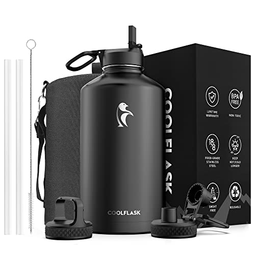 Coolflask 128 oz Gallon Water Bottle Insulated with Straw & 3 Leakproof Lid - color: Magic Black, size: 128 Ounces