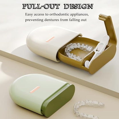 Dental Retainer Case, Pull-Out Invisible Mouthguard Case, Portable Denture Cleaning Organizer with Vent Holes (Green) - color: Green