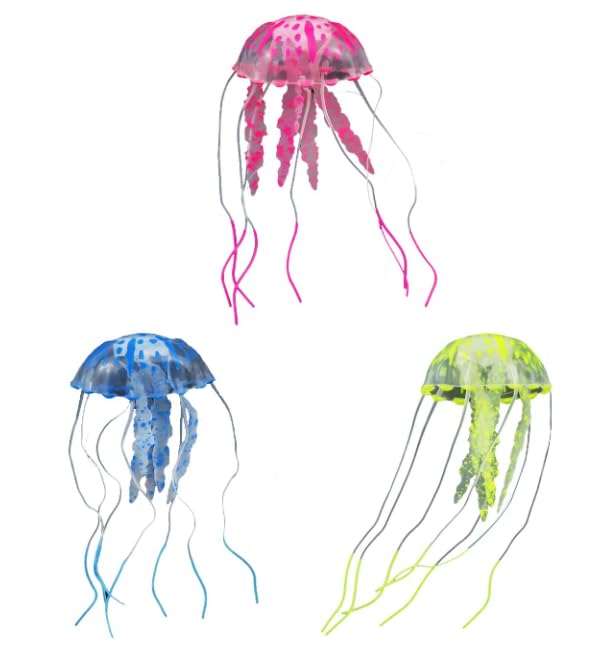 Jufamilee 3 Pcs Fish Tank Decorations - Jellyfish Aquarium Ornament, Fake Fish Plants, Silicone Ornaments - Thematic Aquarium Decor (Pink, Blue, Yellow)
