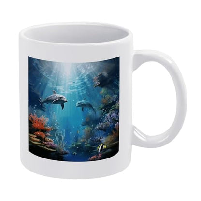 11oz White Ceramic Coffee Mug Funny Blue Ocean Underwater Fish Tea Cup Microwave & Dishwasher Safe, Lead-Free for Home Office Daily Use & Gifting