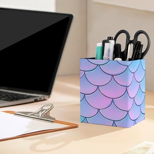 Women's Pen Cup Pencil Holder Makeup Brush Storage Beautiful Mermaid Fish Scale Leather Desk Organizer