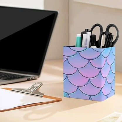 Women's Pen Cup Pencil Holder Makeup Brush Storage Beautiful Mermaid Fish Scale Leather Desk Organizer