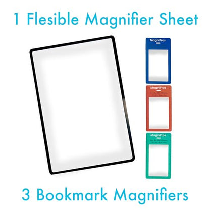 MagniPros Premium 3X (300%) Page Magnifying Fresnel Lens Magnifier 4.5" x 7" with 3 Bookmark Fresnel Lens Magnifiers for Reading Small Prints, Low Vision Aids & Solar Projects
