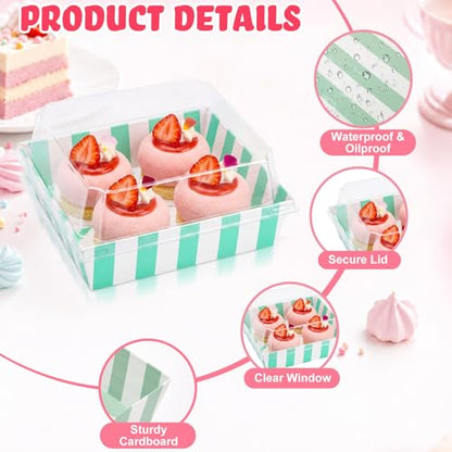100 Pcs 5 Inch Small Charcuterie Boxes with Clear Lids Cake Slice Containers Striped Paper Bakery Boxes Disposable Food Containers for Dessert Cookie Sandwich Mini Cake Strawberry