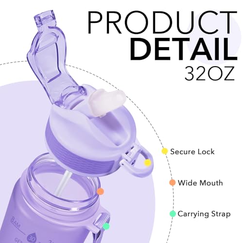 Hyeta Plastic Water Bottle With Straw & Time Marker, 32oz Leakproof Jug - color: Matte Lilac