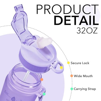 Hyeta Plastic Water Bottle With Straw & Time Marker, 32oz Leakproof Jug - color: Matte Lilac