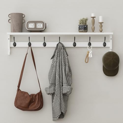 AMBIRD Coat Rack Wall Mount, 35 Inch Large Coat Hooks Wall Mounted with 7 Dual Metal Hooks and 2 Side Hooks, Wall Hooks with Shelf in Entryway, Kitchen, Living Room, Bathroom, Bedroom (White) - color: White, size: 7+2 Hooks 35" L
