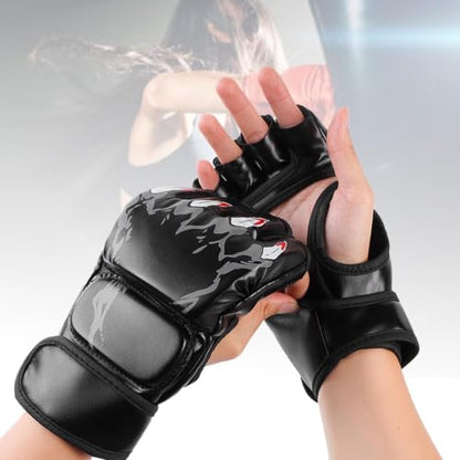 HERCHR MMA Gloves Sparring Hybrid Open Palm Martial Arts Mitts Men Women Leather Wrist Support Sports Boxing Glove Training Muay Thai(Black)