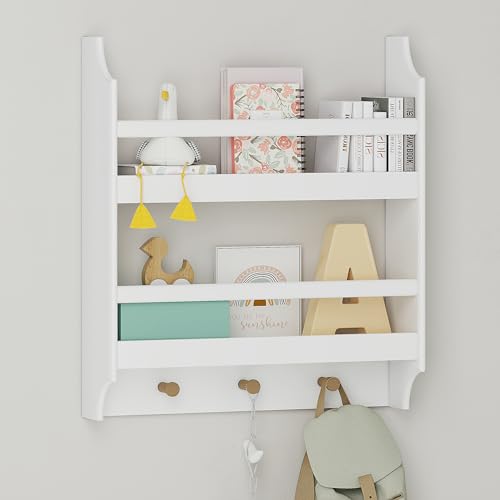 UTEX Floating Nursery Bookshelves, 2-Tier Wall Shelf with 3 Hooks, White