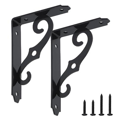 HOME MASTER HARDWARE Decorative Shelf Brackets 5x3-1/2 in Wall Mounted Floating Shelf Bracket L Heavy Duty Support Corner Brace Joint Right Angle Bracket for DIY Open Shelving with Screws Black 2 Pcs
