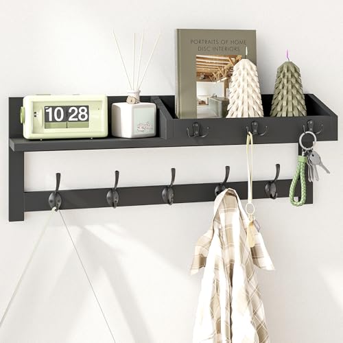 AMBIRD Wall Hooks with Shelf, 26.57 Inch Entryway Wood Coat Hooks for Wall, Coat Rack Wall Mount Rack with 5 Dual Hooks 3 Key Hooks Mail Organizer and Key Rack Key Holder (Black) - color: Black, size: 26.57" L
