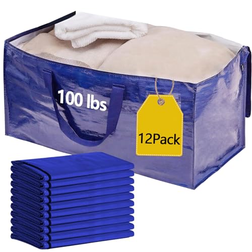 12 Pack Waterproof Moving Storage Bags, 100 lbs Extra Large Heavy Duty Totes with Reinforced Handles & Strong Zippers, Reusable Moving Box Alternative for Packing Moving Household Storage, 95L, Blue - color: Blue, size: 12 Pack