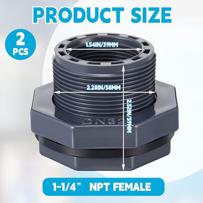 2 Pcs 1-1/4 Inch Bulkhead Fitting PVC Water Tank Connector Plumbing Pipe Threaded Bulkhead Fitting NPT for Rain Barrels, Water Tanks, Aquariums, Tubs, Pools - size: 1-1/4 Inch