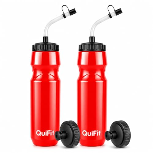 QuiFit Lacrosse Water Bottle with Long Straw, Hockey 1 Liter Water Bottles | 2 Lids Each, BPA Free Squeeze Lightweight, Leakproof Dishwasher Safe, For Helmet, Baseball (Red) - color: Red