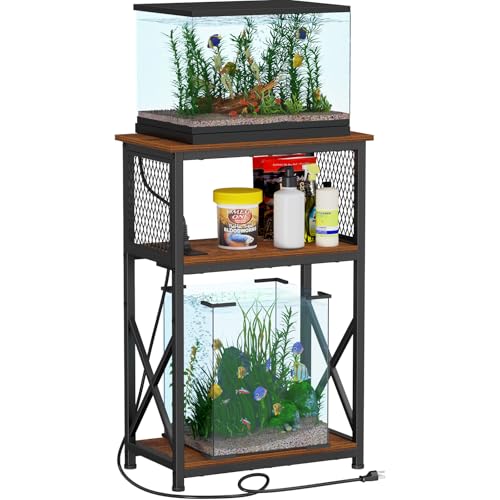 Snughome 10 Gallon Fish Tank Stand with Power Outlets, Aquarium Stand with Storage, 3 Tier Heavy Metal Reptile Tank Stand Fish Tank Shelf 20.47" x 11.42" x 30.91", Rustic Brown - color: Brown With Outlet, size: 10 Gallon