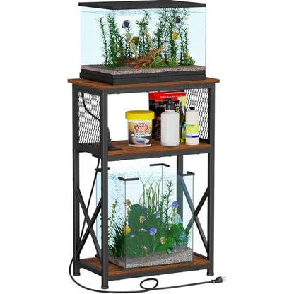 Snughome 10 Gallon Fish Tank Stand with Power Outlets, Aquarium Stand with Storage, 3 Tier Heavy Metal Reptile Tank Stand Fish Tank Shelf 20.47" x 11.42" x 30.91", Rustic Brown - color: Brown With Outlet, size: 10 Gallon