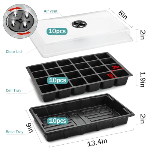 RooTrimmer 10-Pack XL Seed Starter Tray with Dome – 24 Large 2" Cells per Seedling Starter Trays (Total 240 Cells), Seed Growing Tray with Humidity Lids for Greenhouse Home Plant Propagation - color: Black and Clear, size: 10 Sets