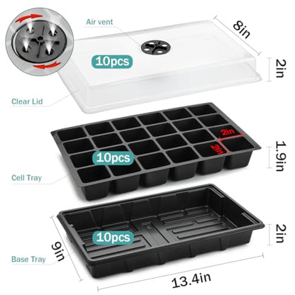 RooTrimmer 10-Pack XL Seed Starter Tray with Dome – 24 Large 2" Cells per Seedling Starter Trays (Total 240 Cells), Seed Growing Tray with Humidity Lids for Greenhouse Home Plant Propagation - color: Black and Clear, size: 10 Sets