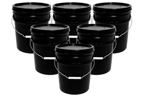 5-Gallon Bucket with Airtight Lid – Made in USA, Food Grade BPA Free Plastic, Heavy Duty Multi-Use, Metal Handle with Grip, Stackable Storage – Black, 6 Pack