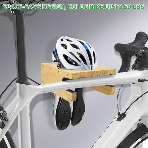 Wooden Bike Wall Mount Rack with Shelf and Hooks, Bike Hanger Wall Mount