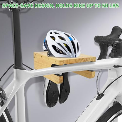Wooden Bike Wall Mount Rack with Shelf and Hooks, Bike Hanger Wall Mount