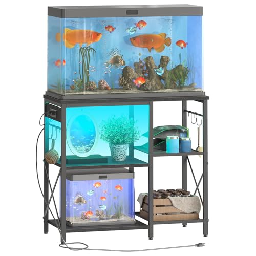 HOOBRO Fish Tank Stand with Power Outlet and LED Light, 20-29-37 Gallon Aquarium Stand with Storage Shelves, 30.7" L x 13.8" W, Reptile Tank Stand with Stable Metal Frame, Black BK80UDFT01G1