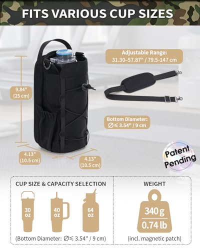 sportsnew 40oz Insulated Crossbody Water Bottle Bag Gym Hiking Phone Pocket - color: Deep Black -Magnetic