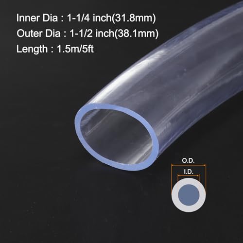1 1/4" x 1 1/2" Clear Plastic PVC Tubing 5ft Flexible Vinyl Tube, [for Garden Irrigation, Water Hose, Fish Tank, Aquarium] - 31.8mm x 38.1mm - size: 1 1/4" x 1 1/2"