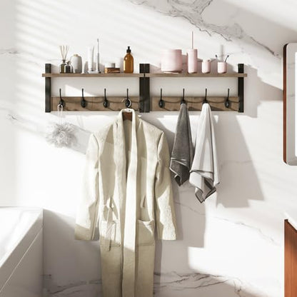 YMYNY Coat Rack Wall Mount with Shelf and Hooks, Silver Gray UHWS001Y-2 | 2 Pack Wooden Wall Mounted Coat Hanger with Shelf and 8 Double Hooks, Wall Coat Rack for Entryway Hallway Bedroom Bathroom - color: Silver Gray, size: 31.5"-2 pack