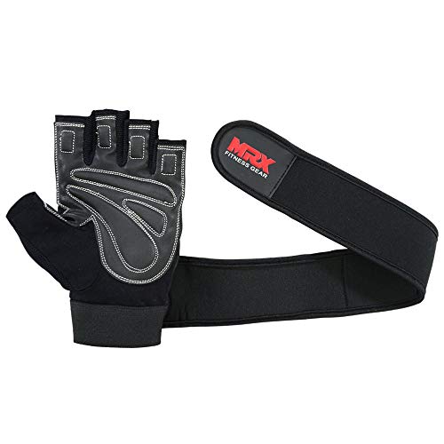 MRX Weight Lifting Pro Level Gloves with 18 Inches Long Wrist Strap Gym Workout Exercise & Fitness in - color: Black/Leather, size: Large
