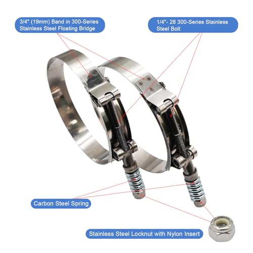 4" Heavy Duty T Bolt Hose Clamp Stainless Steel - Spring Loaded 108mm - 116mm for 4" I.D. Hose with 3mm - 6mm Wall Thickness, Auto-adjusting maintain Constant Tension (108mm - 116mm, 2 Pack) - size: 4" Hose Clamp 108mm - 116mm (4.25" - 4.57")
