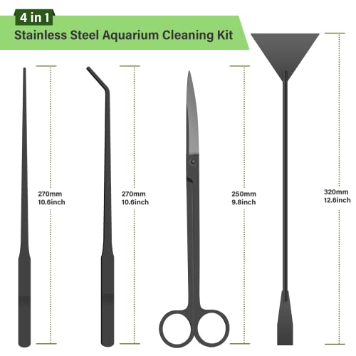 Simple Deluxe Aquarium Aquascape Tools Kit, 4 in 1 Anti-Rust Aquatic Plant Aquascaping Tool Stainless Steel Tweezers Scissors Spatula Set for Aquarium Tank Clean, Fish Tank, Bonsai, Algae Scrapers