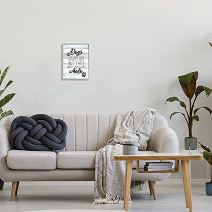 Stupell Industries Dogs Make Our Lives Whole Paw Icon Striped Backdrop, Design by Kim Allen - size: 14"L x 11"W, style: Gray Framed