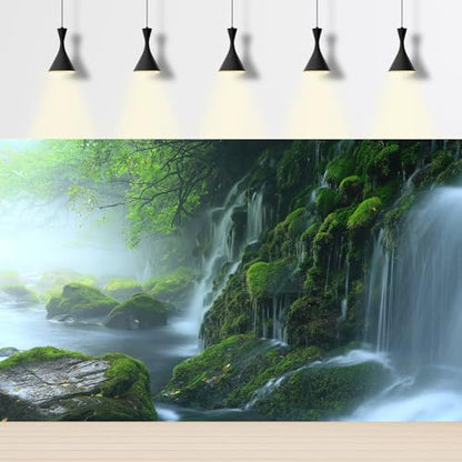 Cascading Waterfall Aquarium Background Majestic Tranquil Stream Mossy Rocks Fish Tank Background Scenic Foggy Misty Forest Scene Terrarium Backgrounds Natural Falls Reptile Tank Backgrounds 48x24in - color: Foggy Green, size: 48(W)x24(H)in
