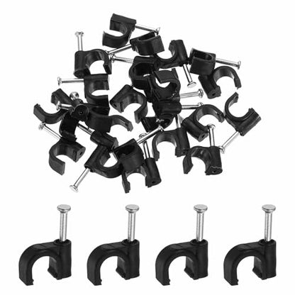HARFINGTON 120pcs Cable Clips with Nail 7mm ID Circular Single Half Clamp J-Hook with Nail Cord Clips for Wires on Wall for Ethernet Tacks Coax Pex Tubing Pipe Support, Black - size: 7mm ID