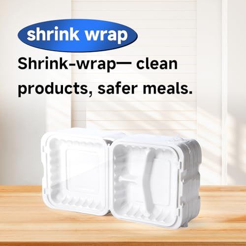 Food Containers 8" 34 oz 55 Pack - Shrink Wrapped Ready to Use | 3 Compartment Mineral Filled PP Clamshell | Microwave & Freezer Safe | BPA Free White To Go Boxes for Meal Prep & Leftovers - size: 8 inch 34 oz with 3 compartment