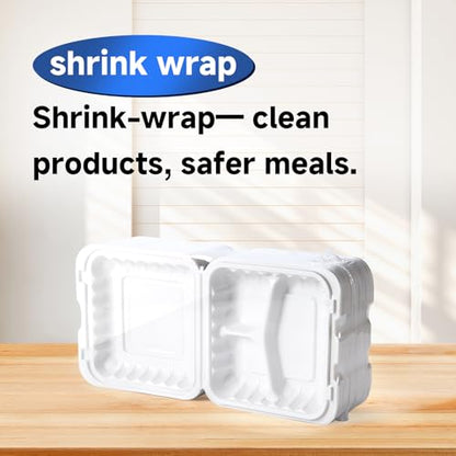 Food Containers 8" 34 oz 55 Pack - Shrink Wrapped Ready to Use | 3 Compartment Mineral Filled PP Clamshell | Microwave & Freezer Safe | BPA Free White To Go Boxes for Meal Prep & Leftovers - size: 8 inch 34 oz with 3 compartment