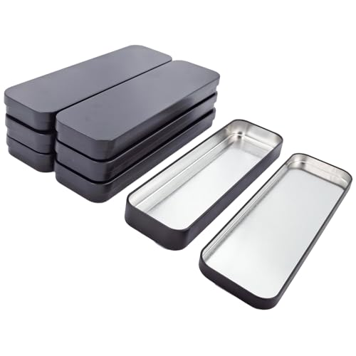 7Pcs Rectangle Metal Tins Containers with Lids Mini Storage Canister Jars Set for Home Kitchen, Office and School Supplies, 8.1" x 2.3" x 0.8" (Black)